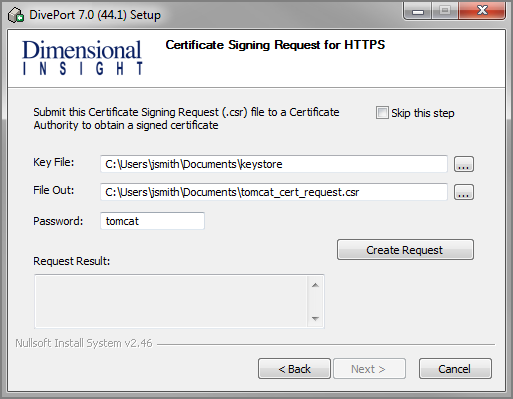 The Certificate Signing Request for HTTPS dialog box.